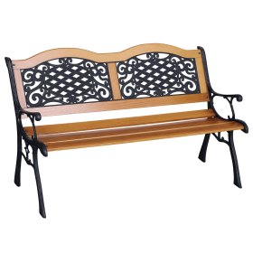 Outdoor Bench 50ft 2-Person Wood Slat Metal-Legged Seat, Tilted Backrest, for Patio, Garden - Teak