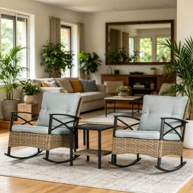 Light Gray 3 Piece Patio Rocking Chair Set Outdoor Wicker Bistro with Oversize Cushioned Rockers And 2 Tier Coffee Table for Garden Backyard