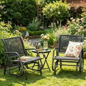 2-Piece Outdoor Glider Swing Set Breathable Mesh Rocking Chair with Durable Frame Curved Armrests Supports 264 Lbs for Backyard Garden Porch Blac