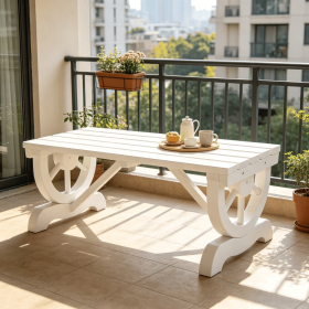 2-Person Outdoor Wagon Wheel Wooden Garden Bench Rustic Country Style Patio Furniture White Support up to 550 LBS for Backyard Porch