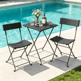 3-Piece Folding Bistro Set PE Wicker X-Shaped Metal Frame Outdoor Garden Coffee Table And Two Chairs Set in Brown