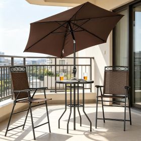 Brown 4 Piece Outdoor Bar Set with Umbrella Wave Textured Tempered Glass Table Patio Dining Set with 2 Folding Chairs for Backyard Garden Deck Po