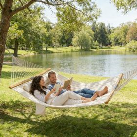 Double Quilted Polyester Hammock with Beechwood Spreader Bar and Detachable Pillow for Outdoor Garden Patio