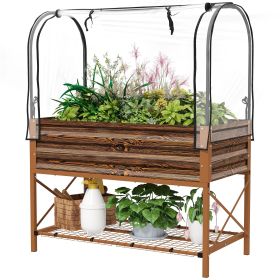 Raised Garden Bed with Legs and Cover, Metal Elevated Planter Box with Bottom Shelf and Liner for Vegetables, Brown
