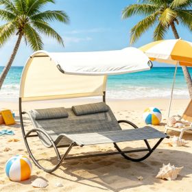 Outdoor Double Chaise Rocking Chair Day Bed Sun Lounger with Canopy Shade Headrest Pillow Armrests Light Gray for Garden Poolside