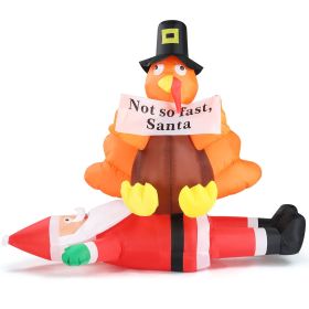4.9 FT Lighted Christmas Inflatable Decoration, Inflatable Turkey Sitting on Santa Claus