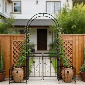 Metal Garden Arch with Gate 79.5'' Wide x 86.6'' High Climbing Plants Support Rose Arch Outdoor Black (Color: as Pic)